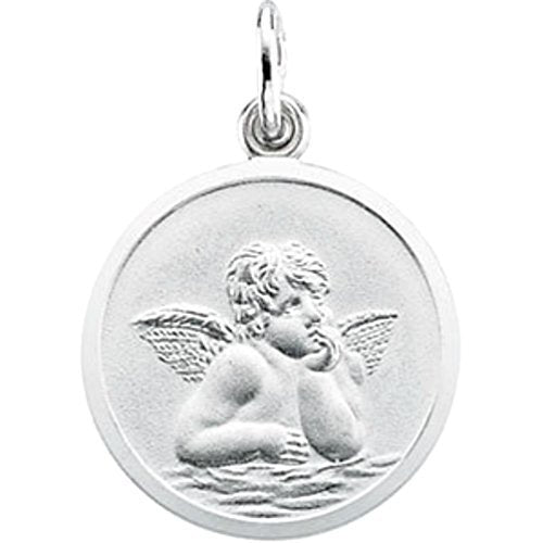 14k White Gold Hollow Round Guardian Angel Medal (18.25x18.50 MM)