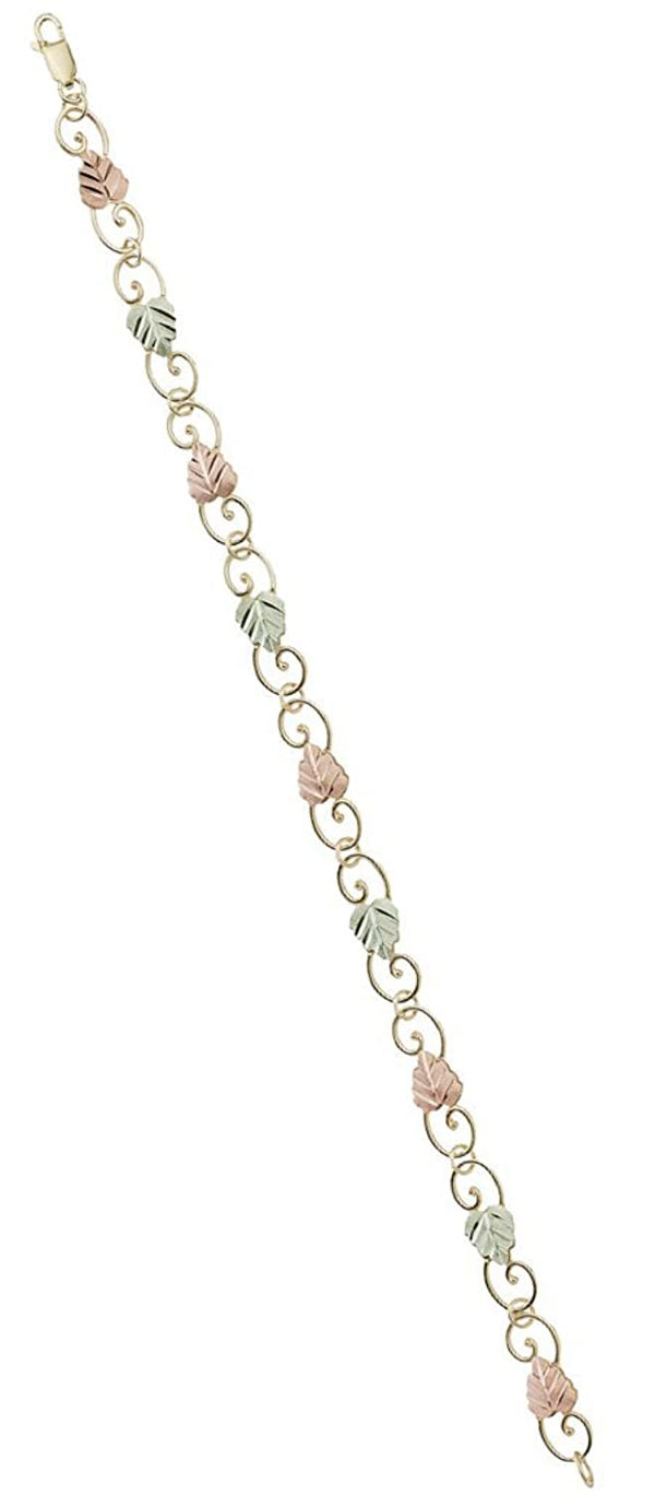 Womens 10k Yellow Gold Filigree Scroll Link Bracelet with 12k Green and Rose Gold in Black Hills Gold Motif, 7.50"