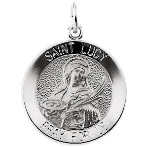 Rhodium Plated Sterling Silver Round St. Lucy Medal (14.5MM)