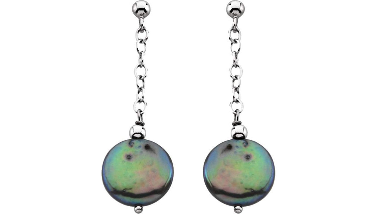 Black Freshwater Cultured Coin Pearl Earrings, Sterling Silver (12.5-13 MM)