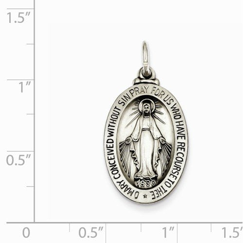 Sterling Silver Antiqued Miraculous Medal Charm Pendant (28X19 MM)