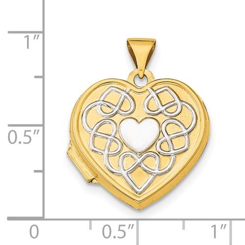 Rhodium Plate 14k Yellow Gold Filligree Heart Reversible Locket Necklace, 20"