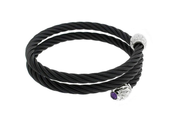 Men's Tango Collection Black Titanium Cable and Sterling Silver Caps Amethyst Bracelet, 6"