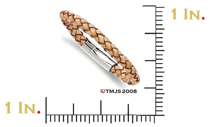 Men's Polished Stainless Steel 8mm Light Tan Leather Bracelet, 8.5"