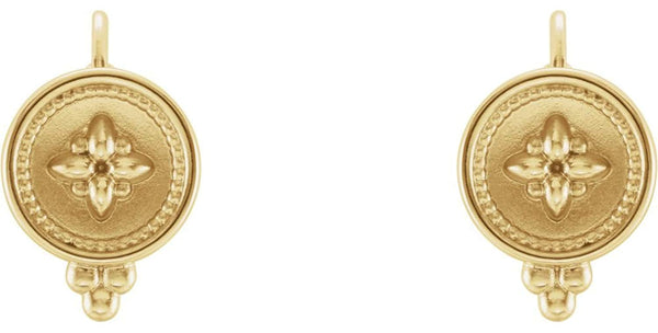 Inlaid Beaded Lever Back Round Earrings, 14k Yellow Gold