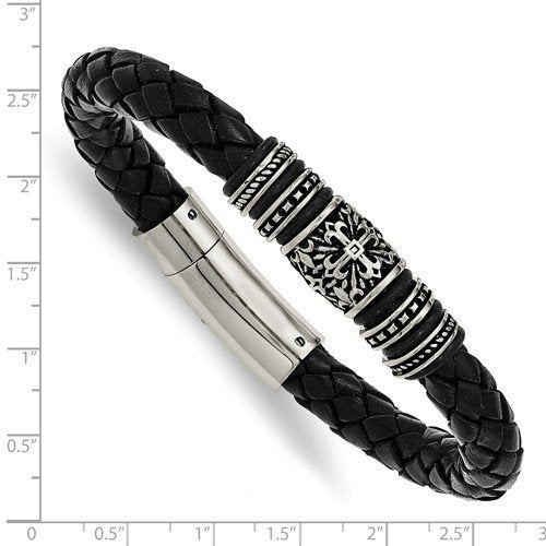 Men's Antiqued and Polished Stainless Steel with Rubber Black Leather Bracelet, 8.5"