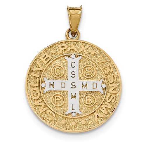 Rhodium-Plated 14k Yellow Gold Circle St. Benedict Medal Pendant