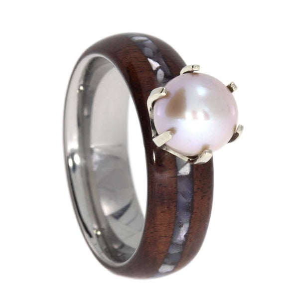 Freshwater Pink Pearl, Bolivian Rosewood, Mother of Pearl 6.5mm Comfort Fit Titanium Engagement Ring