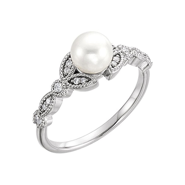 White Freshwater Cultured Pearl, Diamond Leaf Ring, Rhodium-Plated 14k White Gold (6-6.5mm)( .125 Ctw, Color G-H, Clarity I1) Size 6.75