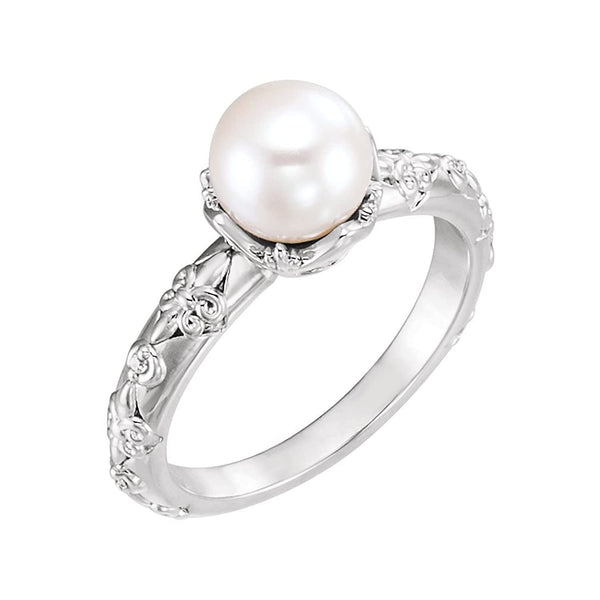 White Freshwater Cultured Pearl, Diamond Vintage Ring, Rhodium-Plated 14k White Gold (7-7.5 mm)(.02 Ctw, G-H Color, I1 Clarity) Size 6.5