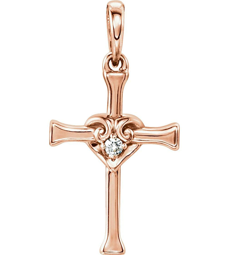 Diamond with Heart Cross 14k Rose Gold Pendant (.025 Ct, G-H Color, I1 Clarity)