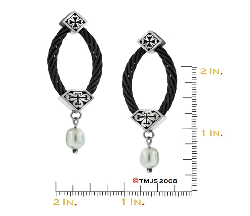 Tango Collection Black Titanium Cable, Argentium Sterling Silver, White Freshwater Cultured Pearl Earrings (2.5-3MM)