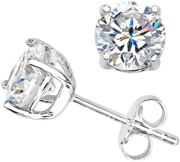 Round CZ Stud Rhodium Plated Sterling Silver Earrings 7.62MM