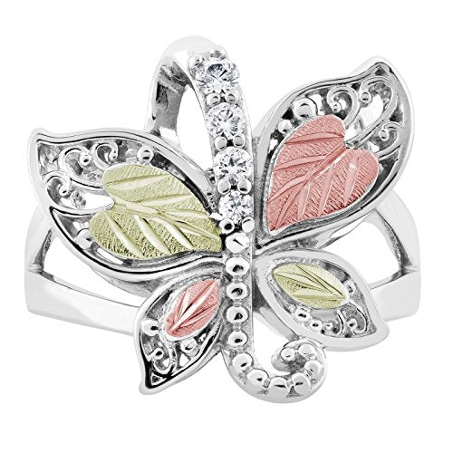 Graduated CZ with Scrollwork Butterfly Ring, Sterling Silver, 12k Green and Rose Gold Black Hills Gold Motif, Size 5.25