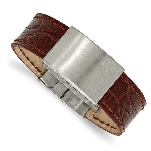 Men's Brushed Stainless Steel Medium Brown Leather ID Bracelet, 8.5"