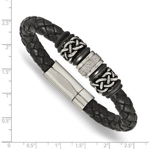 Men's Antiqued and Polished Stainless Steel Braided Leather Bracelet, 8.25"