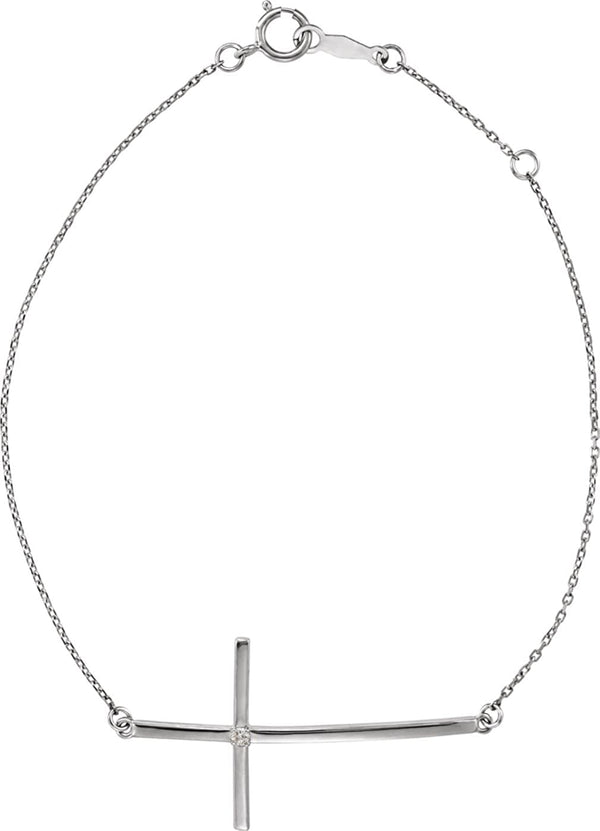 Diamond Sideways Cross Rhodium-Plated 14k White Gold Bracelet (.025Ct)