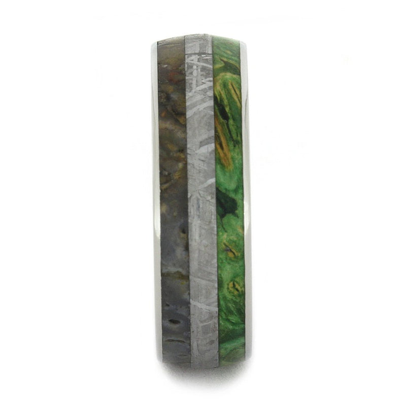Gibeon Meteorite, Dinosaur Bone, Green Box Elder Wood 7mm Comfort-Fit Titanium Band