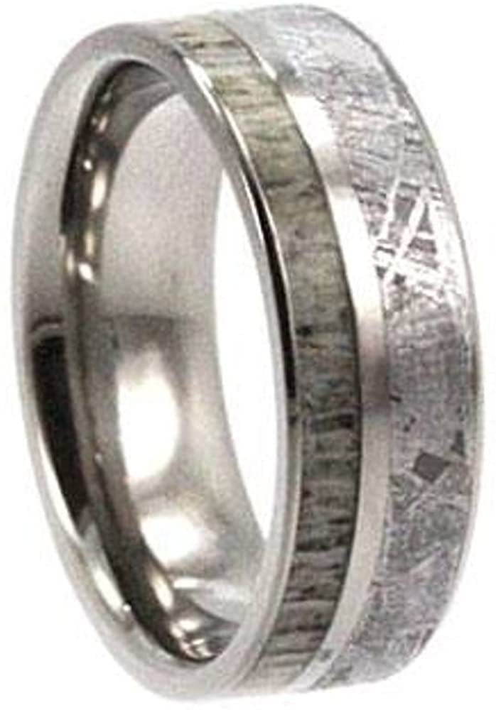 Aquamarine, Gibeon Meteorite, 10k White Gold Engagement Ring and Gibeon Meteorite, Deer Antler Titanium Band, Couples Wedding Set, M9.5-F8.5