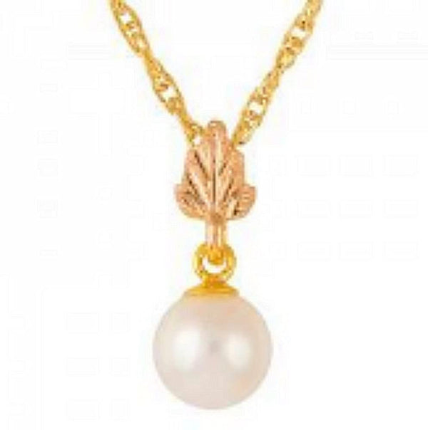 White Pearl Dangle Leaf Pendant Necklace, 10k Yellow Gold, 12k Green and Rose Gold Black Hills Gold Motif, 18" (6-6.5 MM)