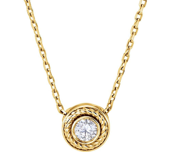 Diamond Solitaire Rope Trim 14k Yellow Gold Pendant Necklace, 16 " (0.1 Cttw)