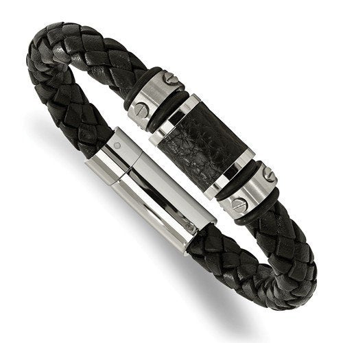 Men's Brushed Stainless Steel Black Leather and Black Rubber Bracelet, 8.5"