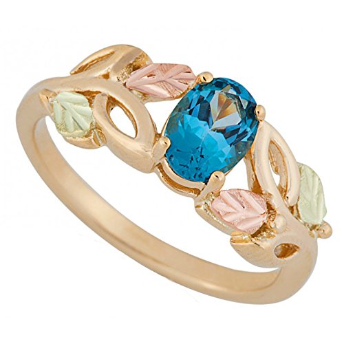 Slim Profile Oval Blue Topaz Ring, 10k Yellow Gold, 12k Green and Rose Gold Black Hills Silver Motif