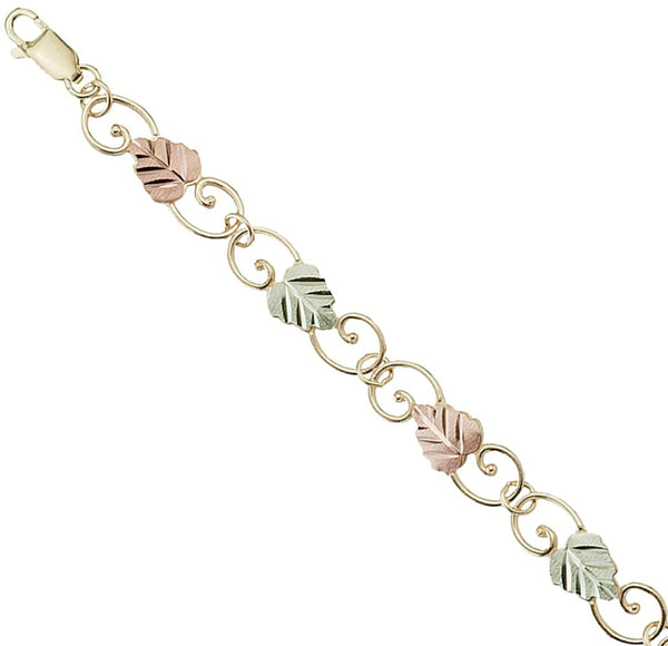 Womens 10k Yellow Gold Filigree Scroll Link Bracelet with 12k Green and Rose Gold in Black Hills Gold Motif, 7.50"