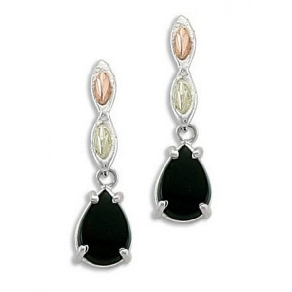 Pear Onyx Earrings, Sterling Silver, 12k Green and Rose Gold Black Hills Gold Motif