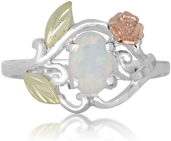 Opal Cabochon and 3D Rose Ring, Sterling Silver, 12k Green and Rose Gold Black Hills Gold Motif