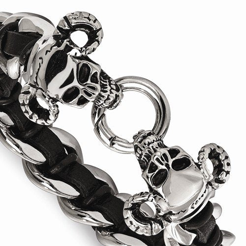 Men's Polished Stainless Steel Black Leather Antiqued Skull Bracelet, 8.5"