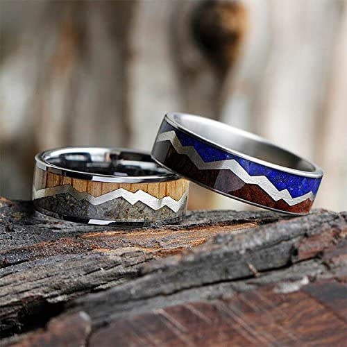Lapis Lazuli, Redwood Titanium Band and Oak Wood, Dinosaur Bone Titanium Band, Couples Mountain Wedding Bands Sizes M11-F5.5