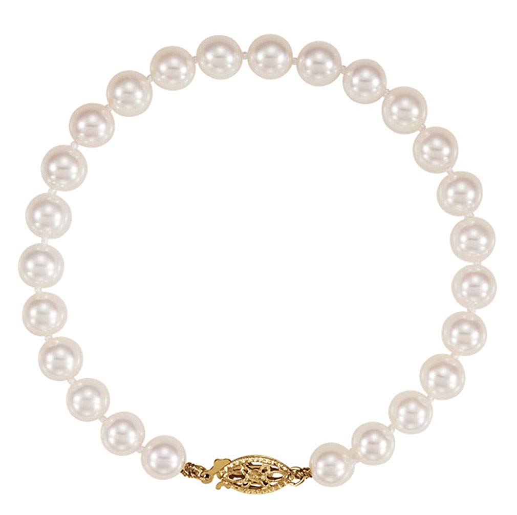 White Akoya Cultured Pearl Strand Bracelet in 14k Yellow Gold, 7" (6-6.5 MM)
