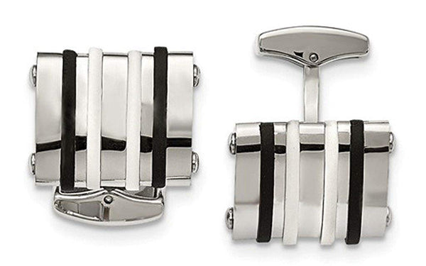 Stainless Steel, Black and White Rubber Bands Rectangle Cuff Links