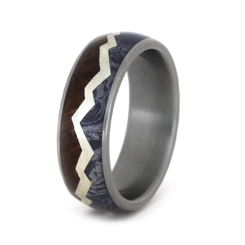 Redwood Mountain Design with Blue, Bronze, Silver Mokume, Sterling Silver 7mm Comfort-Fit Matte Titanium Band
