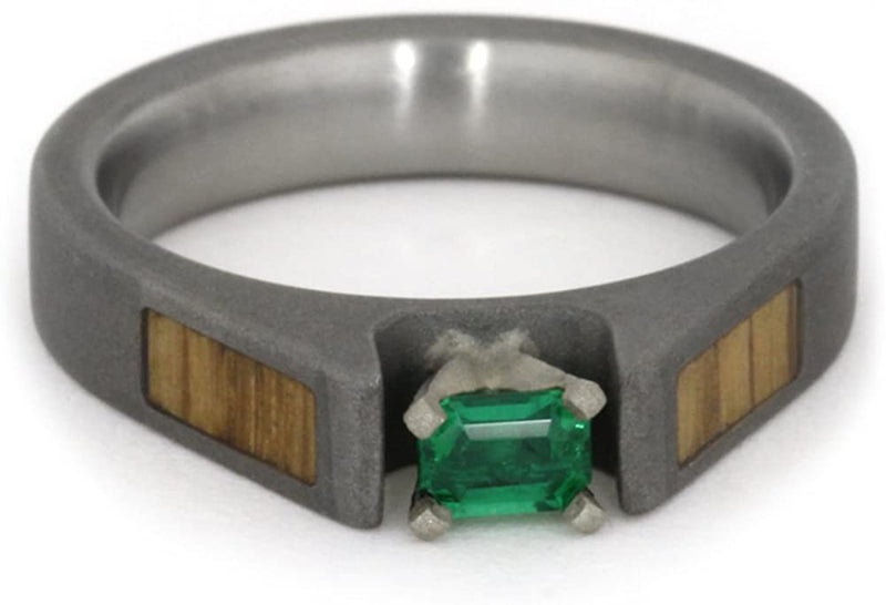 Emerald with Oak Wood Panels 4mm Comfort-Fit Sandblasted Titanium Band, Size 11.5
