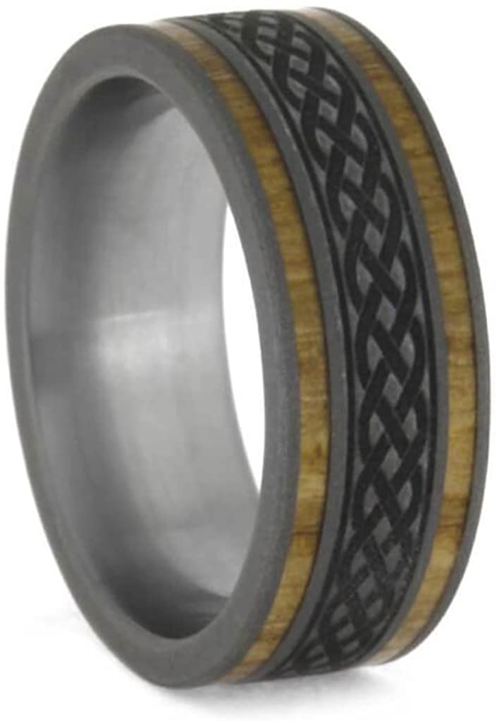 Oak and Olive Wood, Celtic Knot Engraving Comfort-Fit Sandblasted Titanium Couples Wedding Band Set Size, M9-F4.5