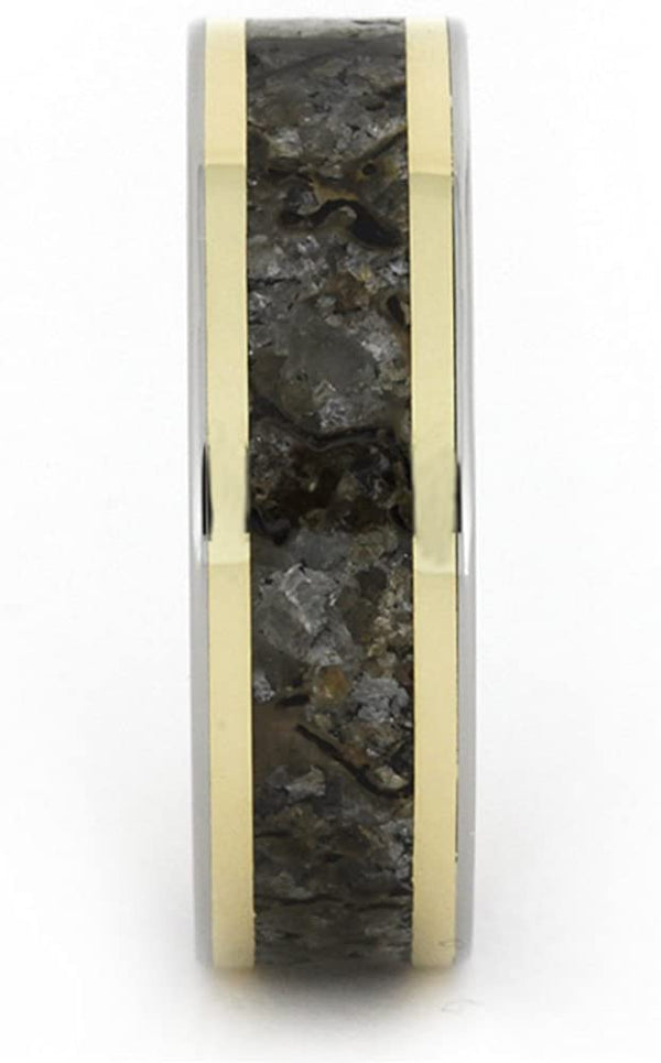 Dinosaur Bone, 18k Yellow Gold Pinstripes 7mm Comfort-Fit Titanium Ring, Size 11.25