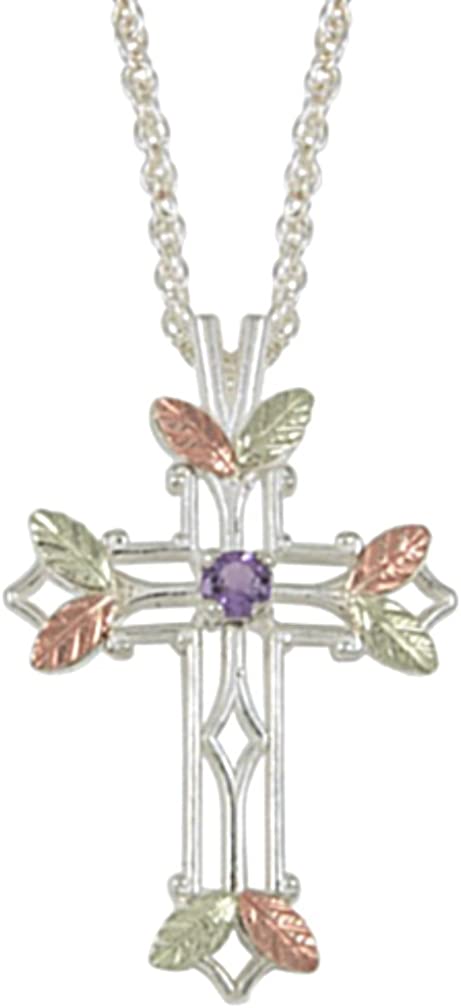 Amethyst Pointed Cross Pendant Necklace, Sterling Silver, 12k Green and Rose Gold Black Hills Gold Motif, 18"
