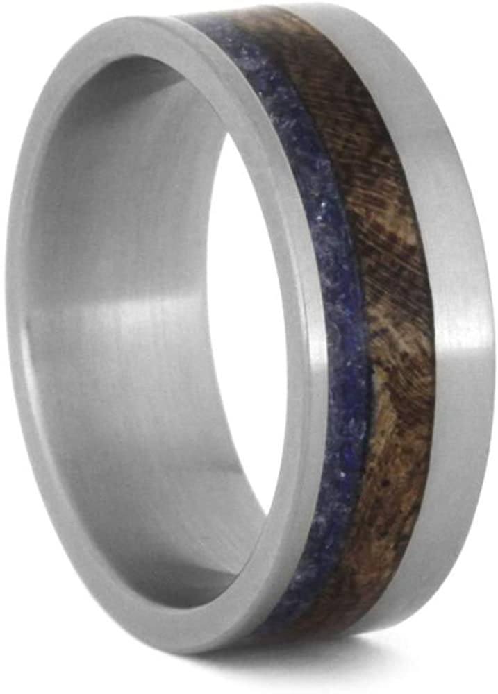 Mesquite Burl, Crushed Blue Sea Glass 7mm Matte Titanium Comfort-Fit Wedding Band, Size 15.5