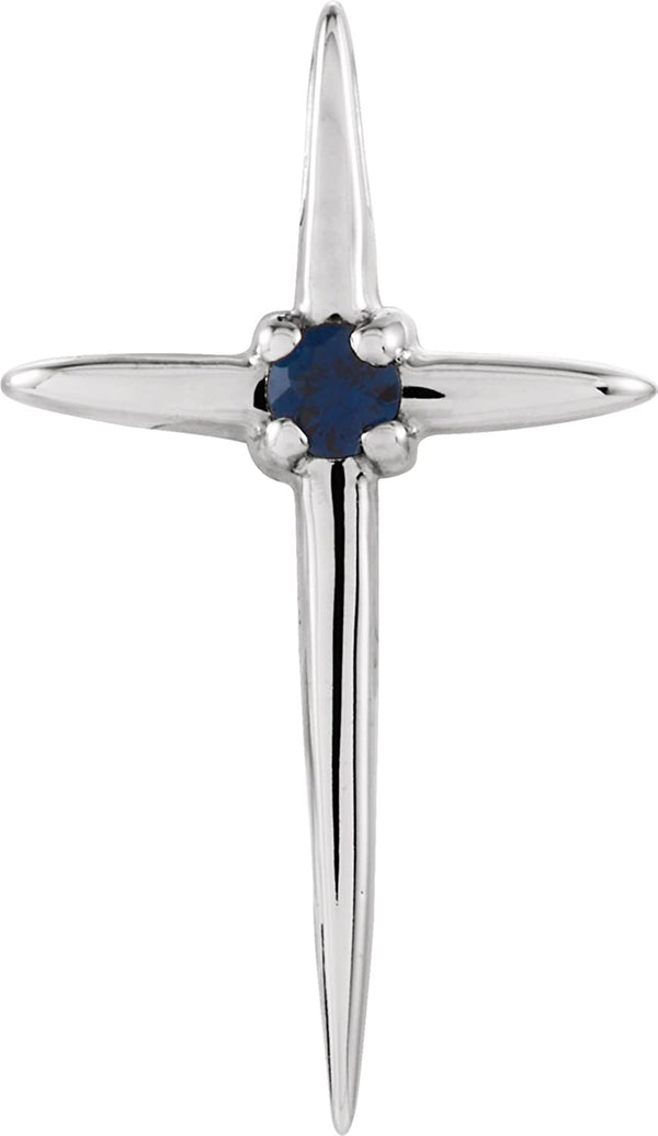 Solitaire Blue Sapphire Cross Rhodium-Plated 14k White Gold Pendant (17.75X10MM)