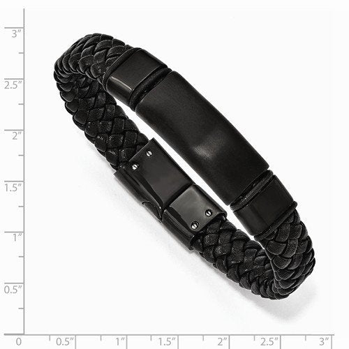 Men's Brushed Stainless Steel Black IP-Plated Braided Leather Bracelet, 8.25"