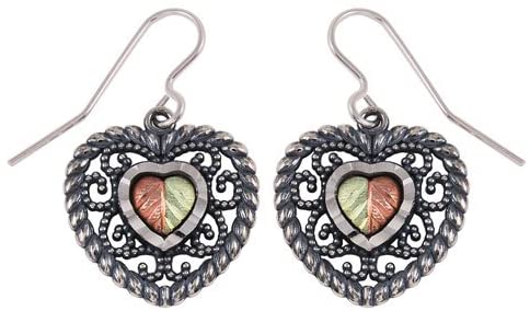 Oxidized Filigree Heart Earrings, Sterling Silver, 12k Green and Rose Gold Black Hills Gold Motif