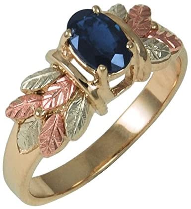 Sapphire Oval Petite Leaf Ring, 10k Yellow Gold, 12k Green and Rose Gold Black Hills Gold Motif, Size 4.75
