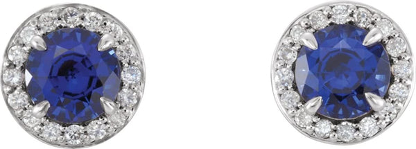 Platinum Chatham Created Blue Sapphire and Diamond Halo-Style Earrings (4 MM) (.16 Ctw, G-H Color, SI2-SI3 Clarity)