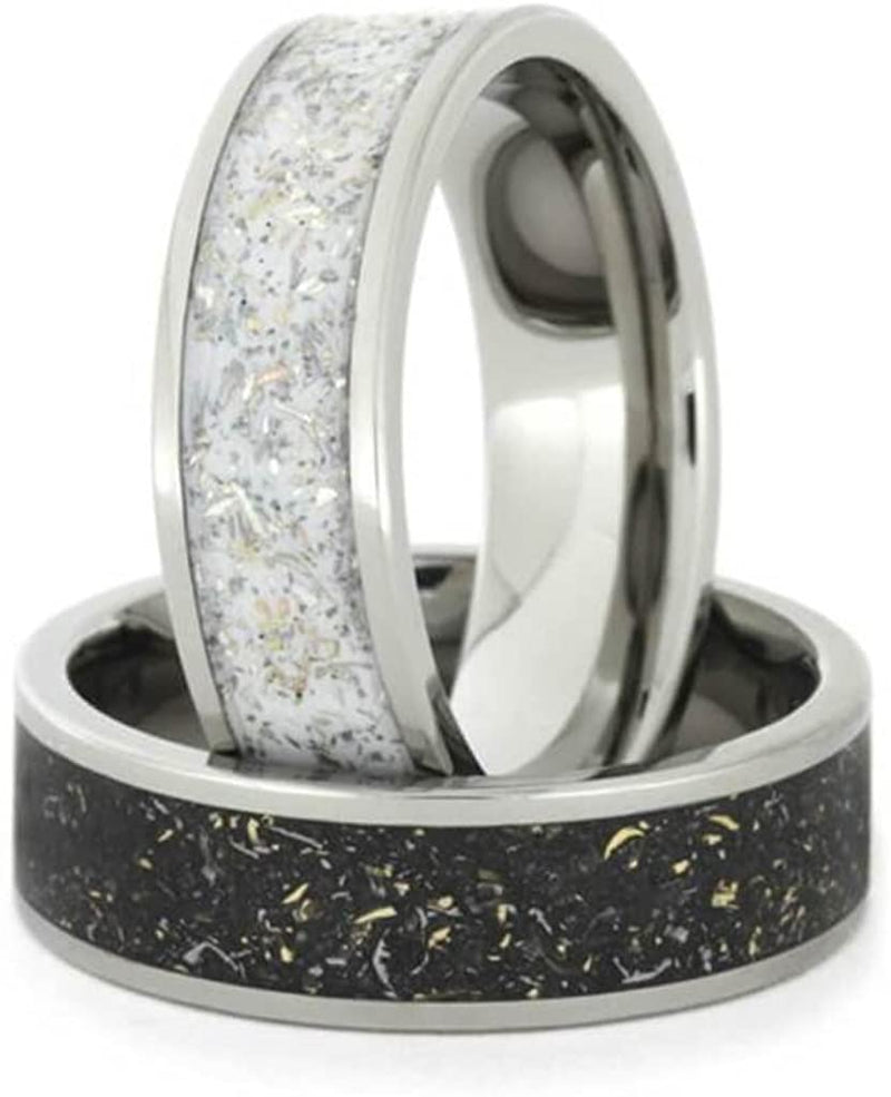 Couples White Stardust Titanium Band and Black Stardust Titanium Band with Meteorite and Gold Set Size, M15.5-F4.5