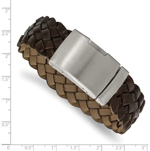 Men's Brown Leather Brushed Stainless Steel Buckle- Clasp Bracelet, 9 Inches