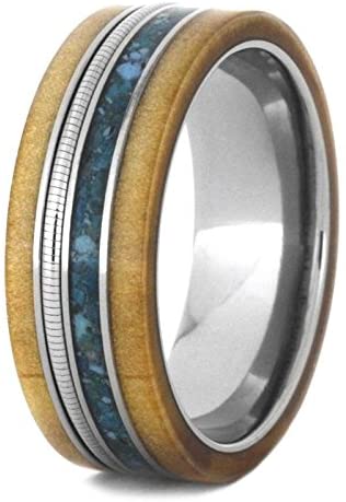 Crushed Turquoise, Rowan Wood, Cello String, 8mm Titanium Comfort-Fit Wedding Band, Size 5