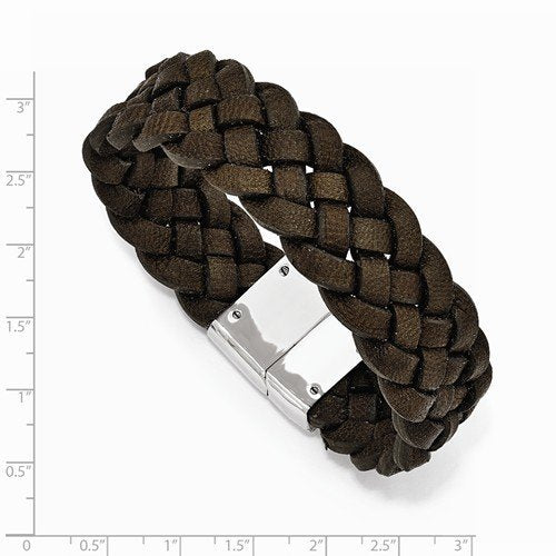 Men's Polished Stainless Steel Woven Brown Leather Bracelet, 8.75"