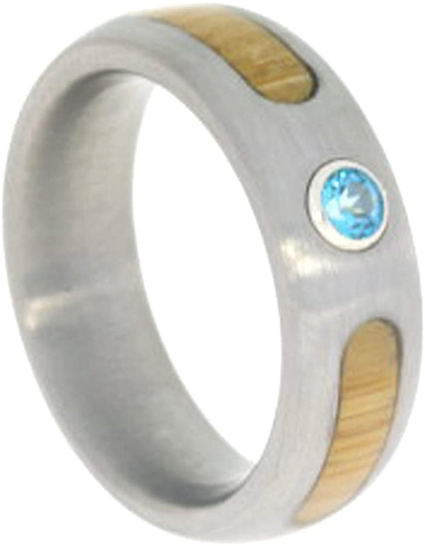 Blue Topaz, Bamboo 6mm Comfort Fit Brushed Titanium Wedding Ring, Size 4.5